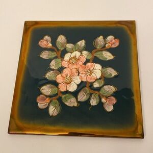 Vintage Ceramic Terracotta Floral Tile Pink Blossoms Made In Keraban Spain